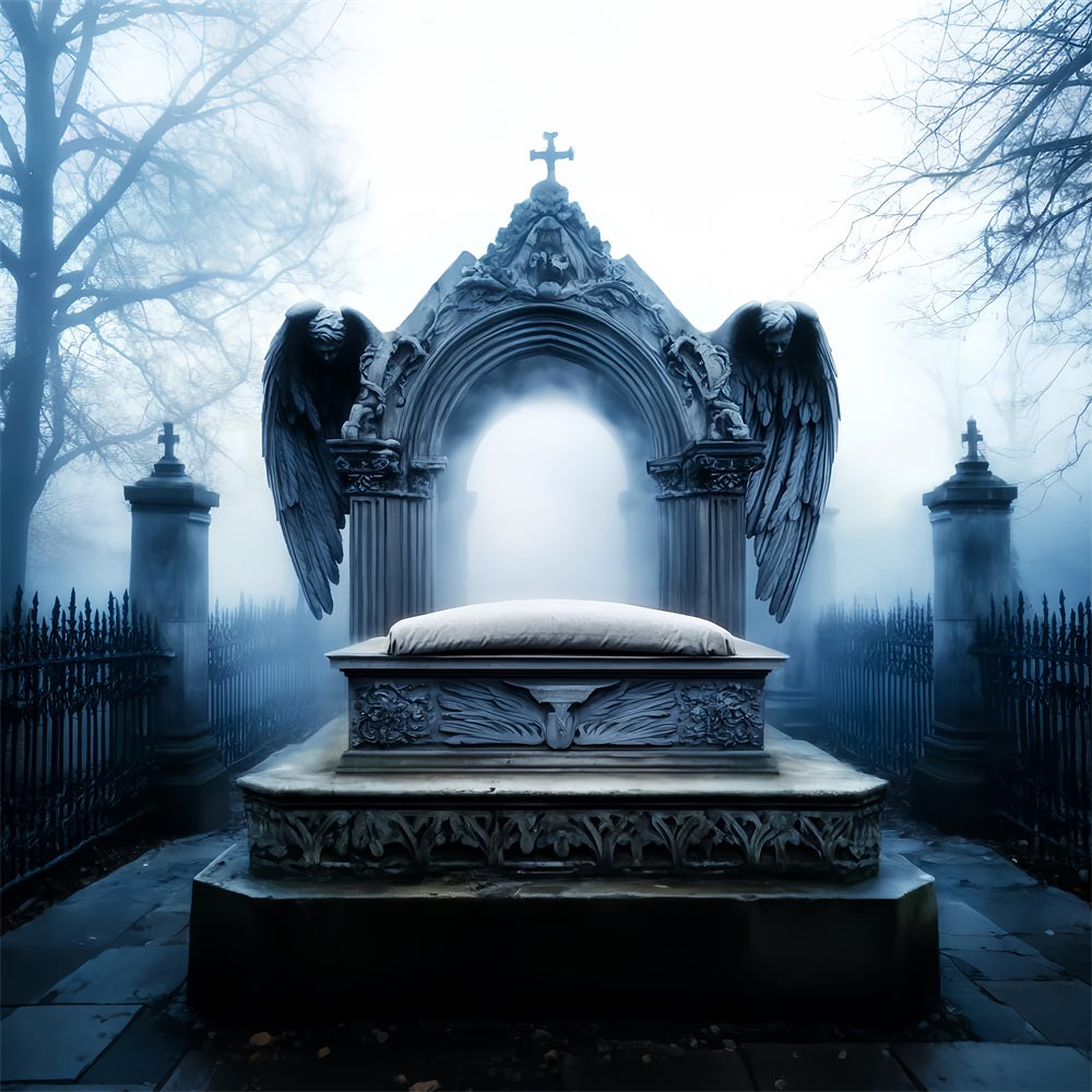 FriedhofsFotohintergrund Engel Grabstein Friedhof Nebel Halloween-BildFotohintergrund LXX59-103
