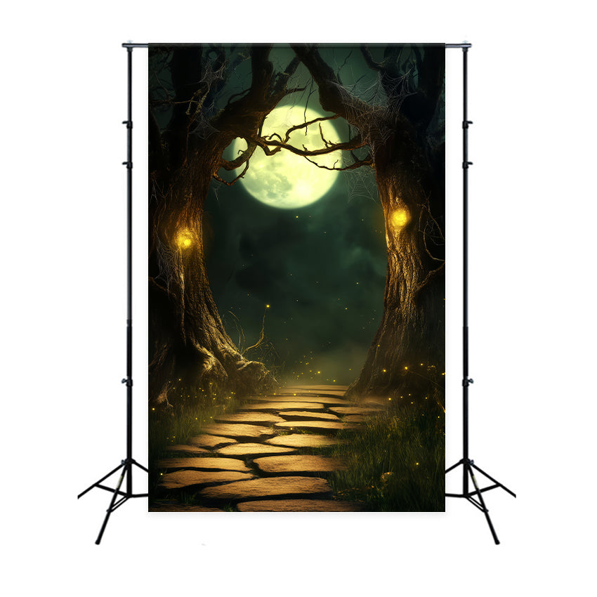 Spukwald Fotohintergrund Mondbeschienener Weg Verzauberte Bäume Halloween-Fotohintergrund LXX59-118