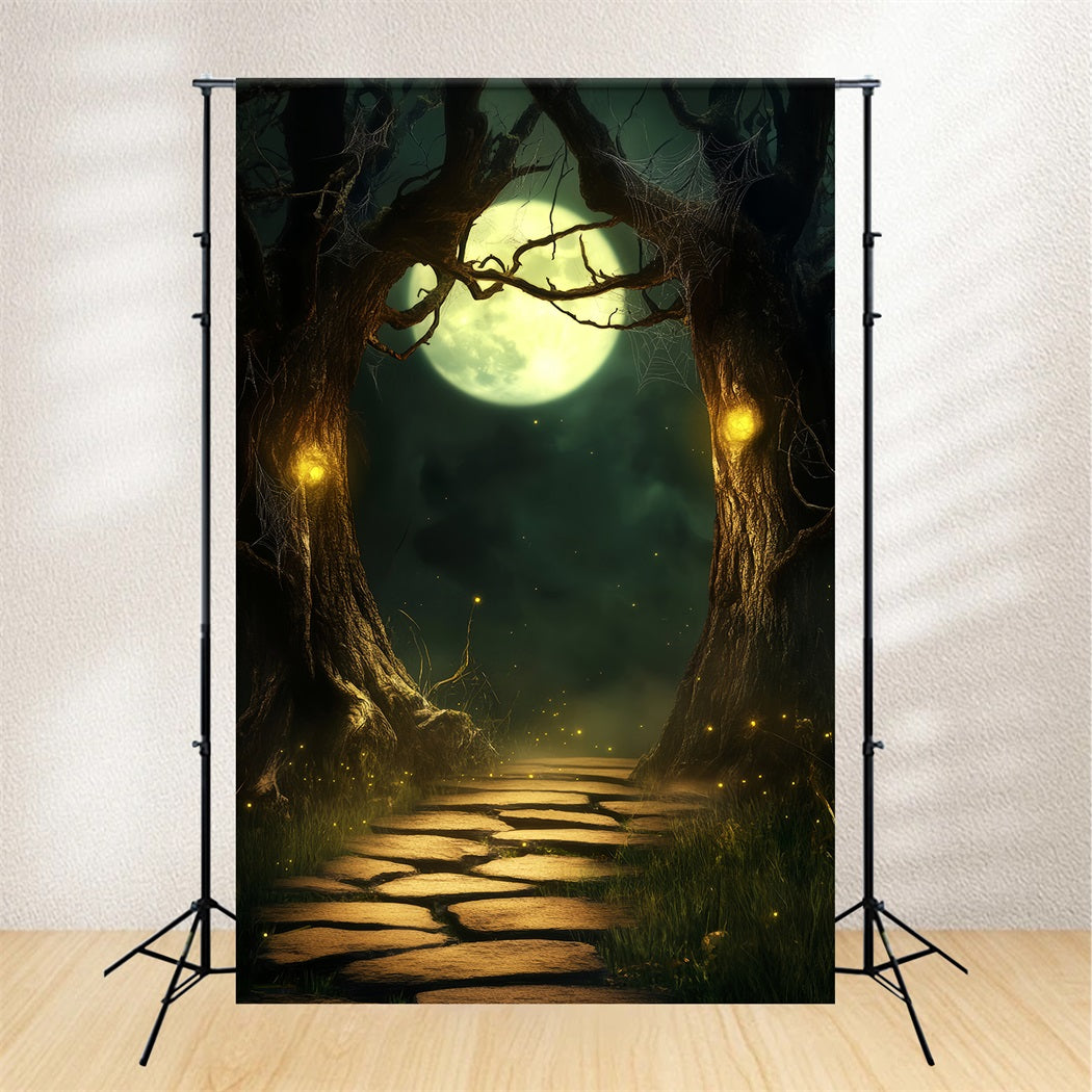 Spukwald Fotohintergrund Mondbeschienener Weg Verzauberte Bäume Halloween-Fotohintergrund LXX59-118