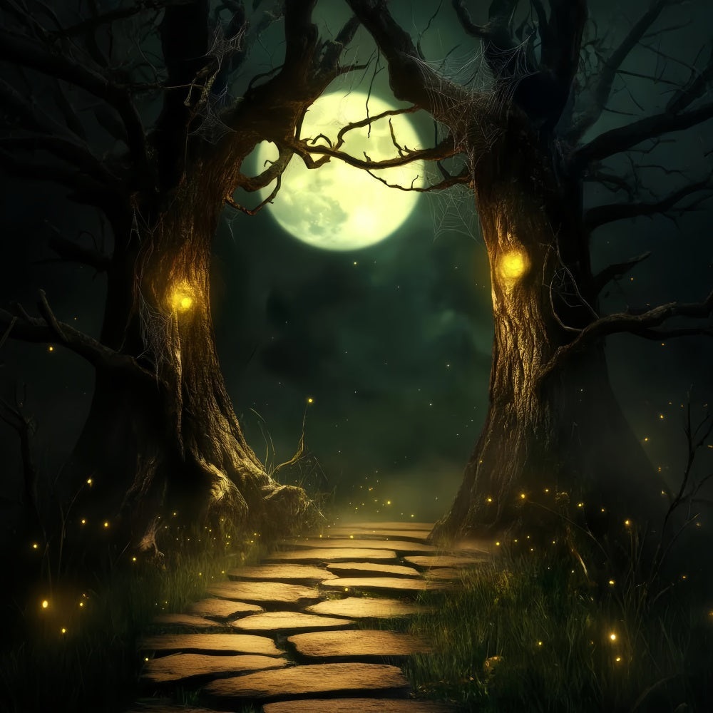 Spukwald Fotohintergrund Mondbeschienener Weg Verzauberte Bäume Halloween-Fotohintergrund LXX59-118