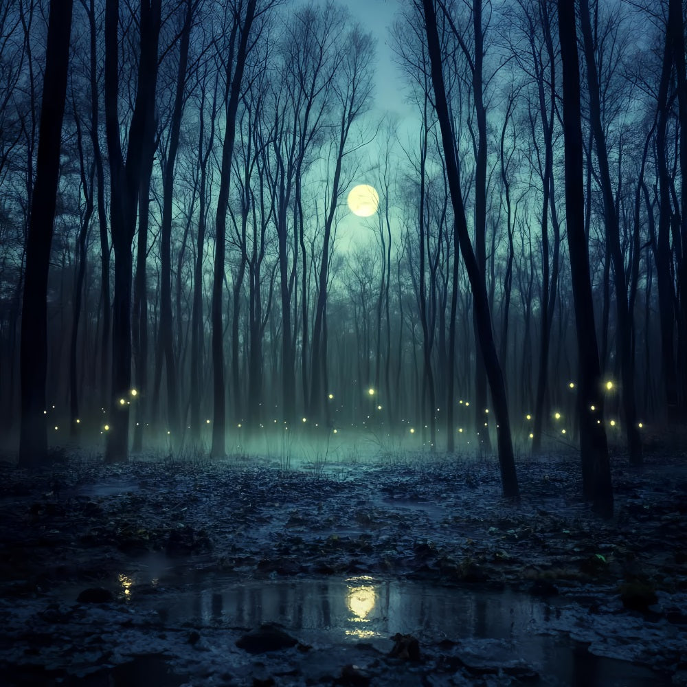 Spukwald Fotohintergrund Mondbeschienener Wald Glühwürmchenglühen Halloween-Fotohintergründe LXX59-121