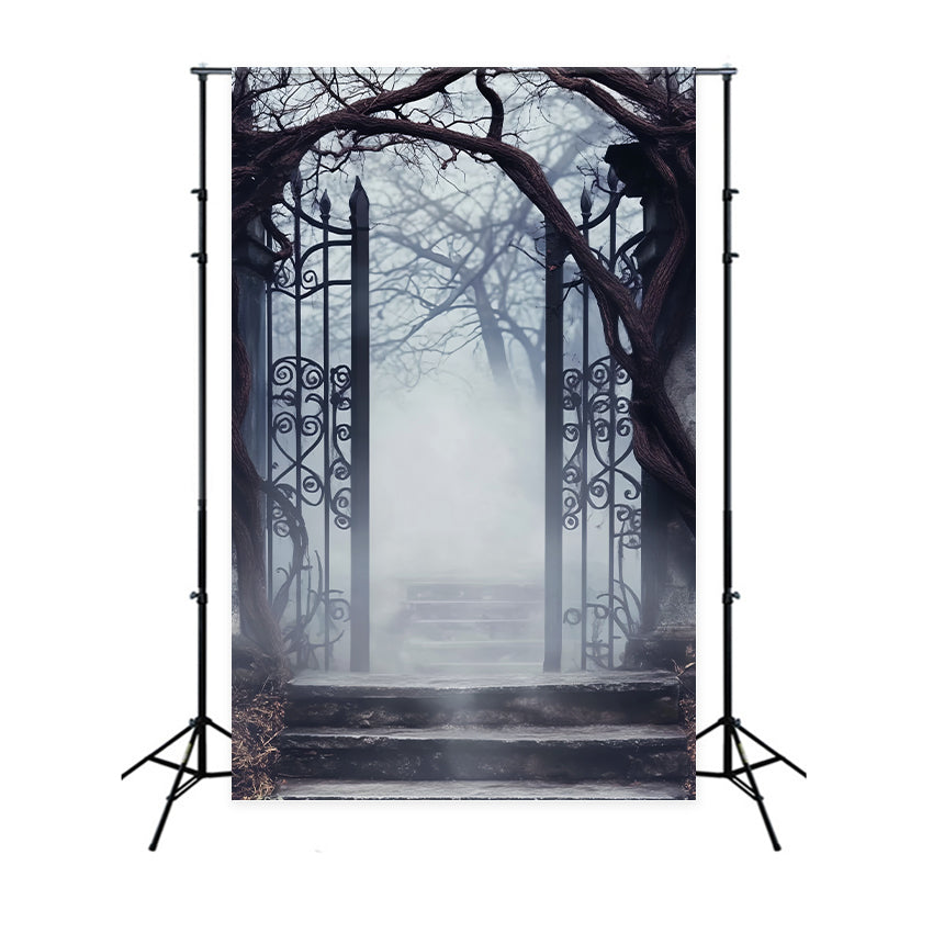 Spukwald Fotohintergrund Nebligem Friedhof Eisentor Halloween-Fotohintergrund LXX59-125