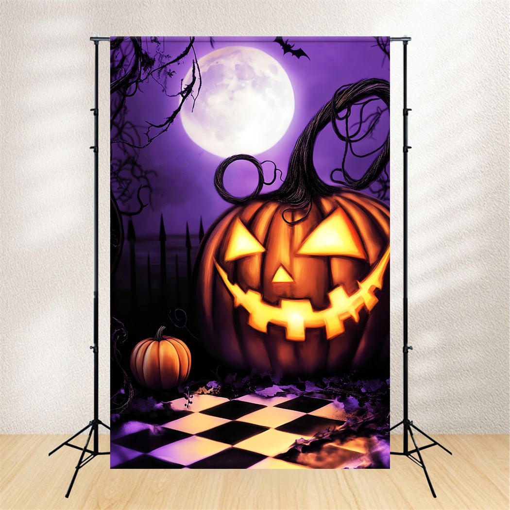 Spukwald Fotohintergrund Riesenkürbis Grinsen unter Mond Halloween-Hintergründe LXX59-130