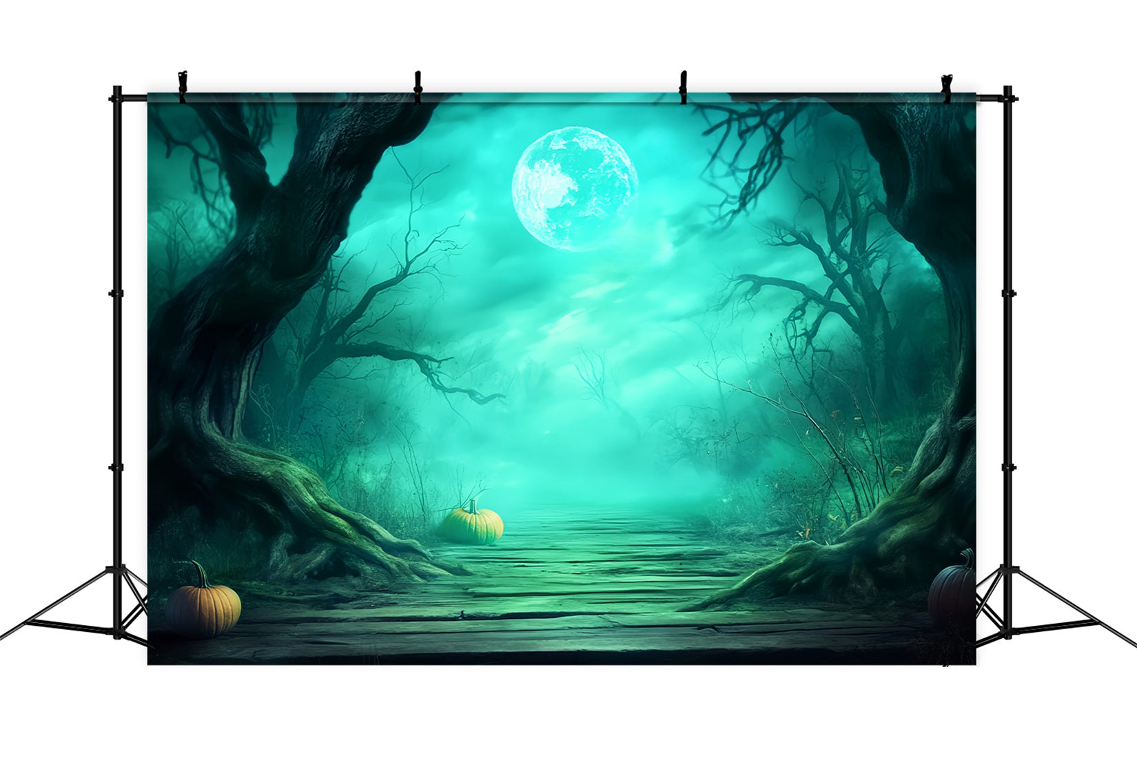 Geisterwald Fotohintergrund Nebelverhangener Waldweg Kürbisse Halloween-Fotohintergrund-Ideen LXX59-137