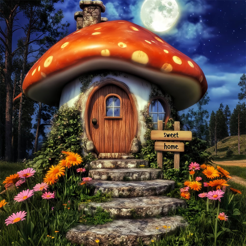 Geisterwald Fotohintergrund Skurriles Pilzhaus Mond Halloween Fotohintergrund LXX59-139