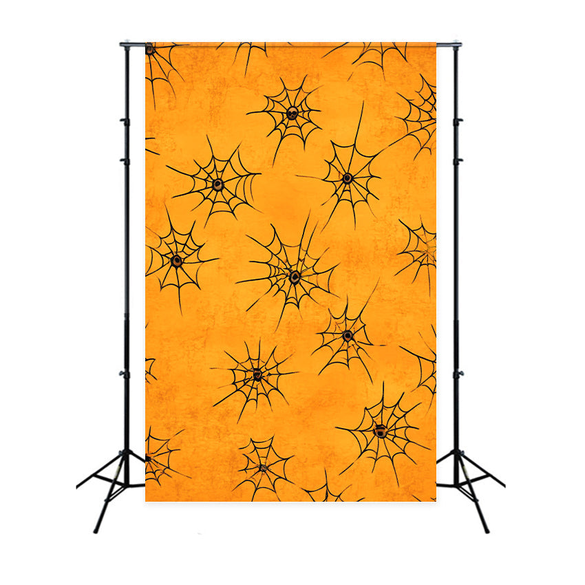 Farbbackdrop mit orangefarbenem Fotohintergrund und Spinnennetz-Muster Halloween-Fotobox-Backdrop LXX59-151