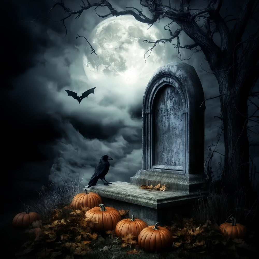 Friedhofs Fotohintergrund Mondbeschienene Gräber Kürbisse Krähen Halloween-Hintergründe LXX59-156