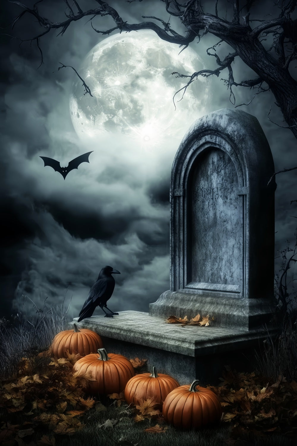 Friedhofs Fotohintergrund Mondbeschienene Gräber Kürbisse Krähen Halloween-Hintergründe LXX59-156