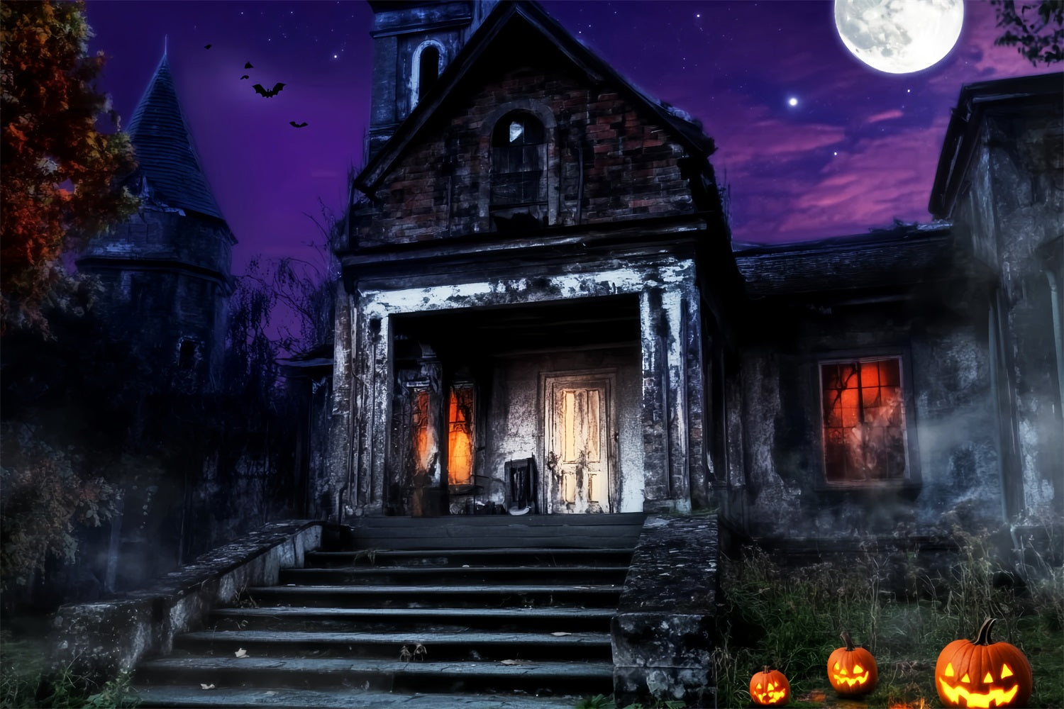 Friedhofs Fotohintergrund Spukhaus Lila Himmel Halloween-Fotohintergrund LXX59-157