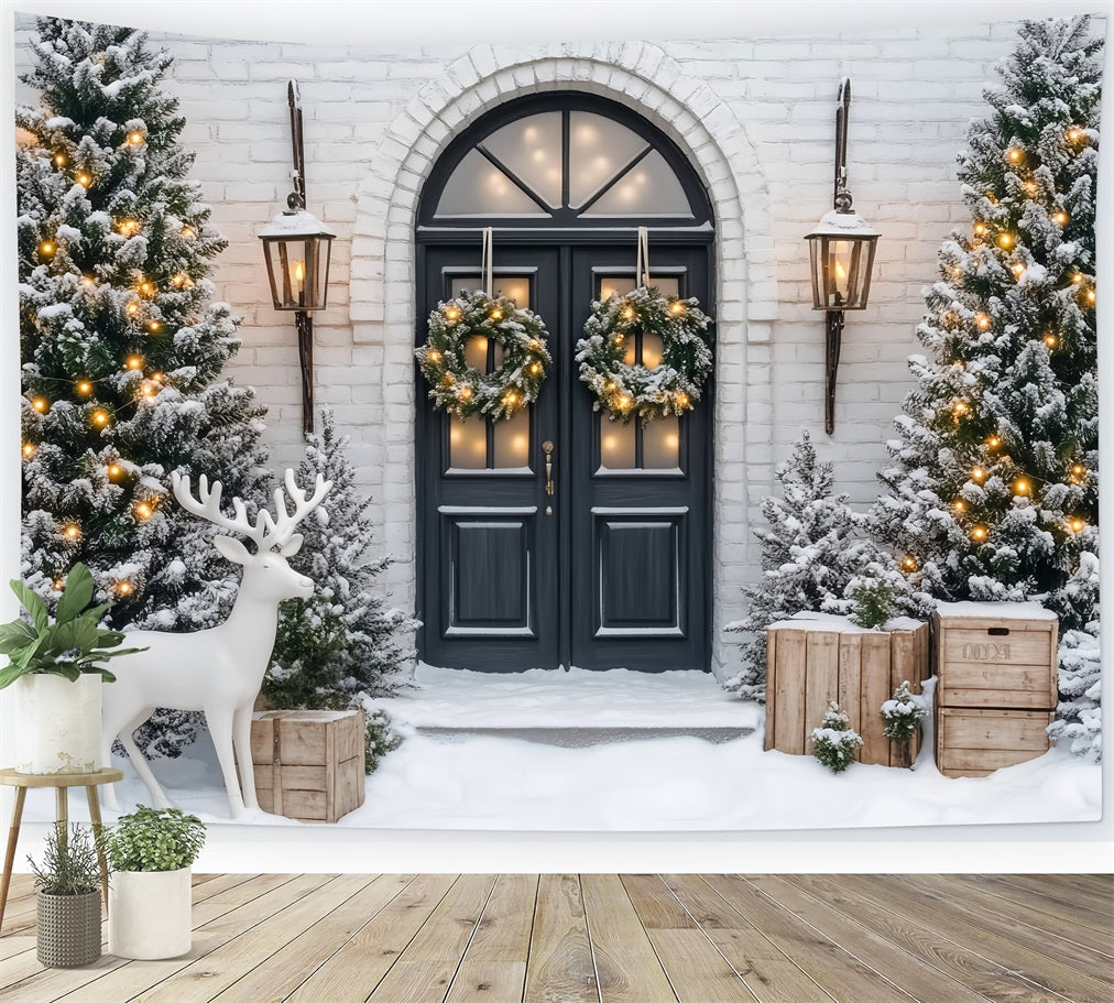Weihnachtsbaum-Fotohintergrund Frostige Kiefern Winterkranz Tür Weihnachtshintergründe LXX59-171