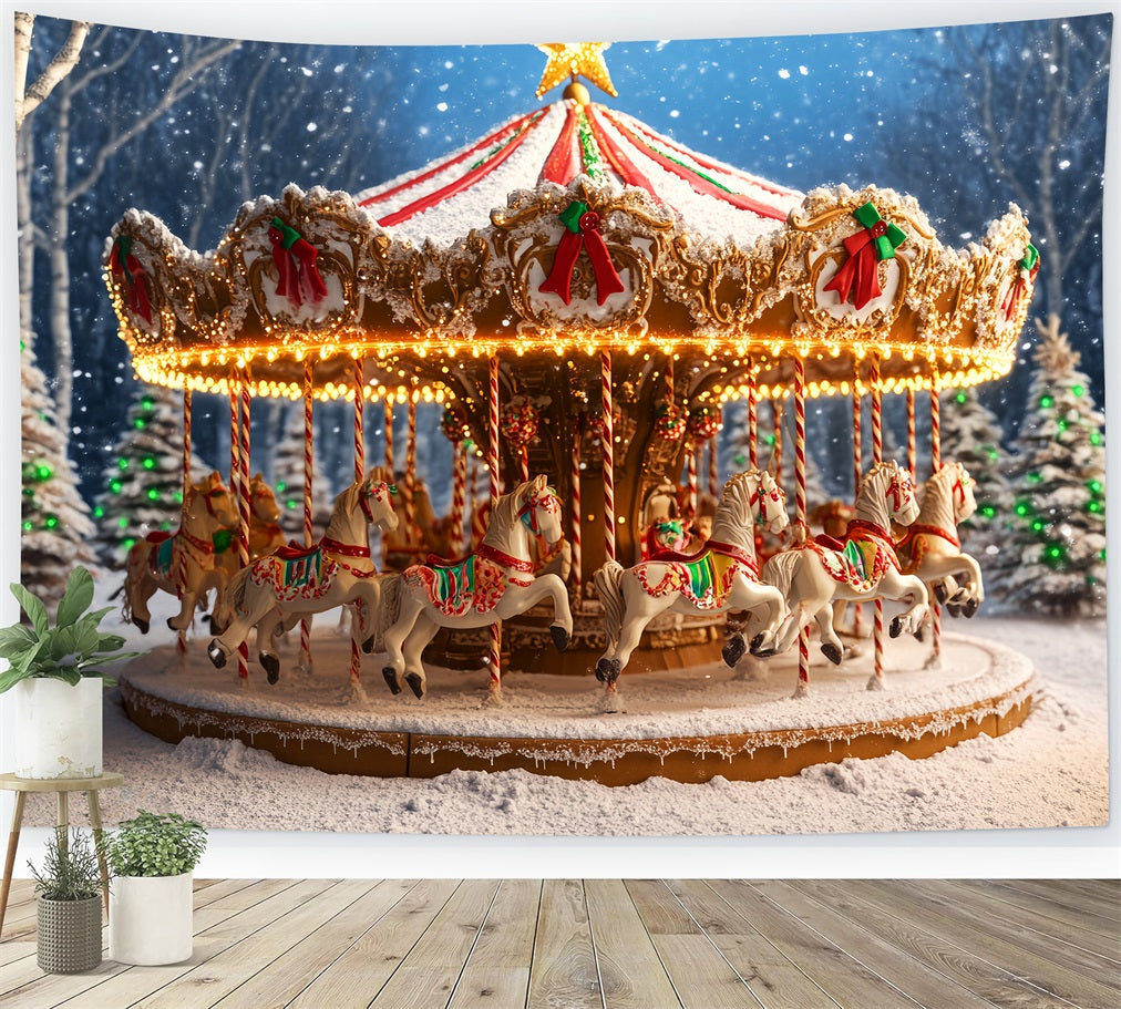 Lebkuchen-Fotohintergrund Verschneites Karussell Pferdeausritt Weihnachtsfotografie-Hintergründe LXX59-177