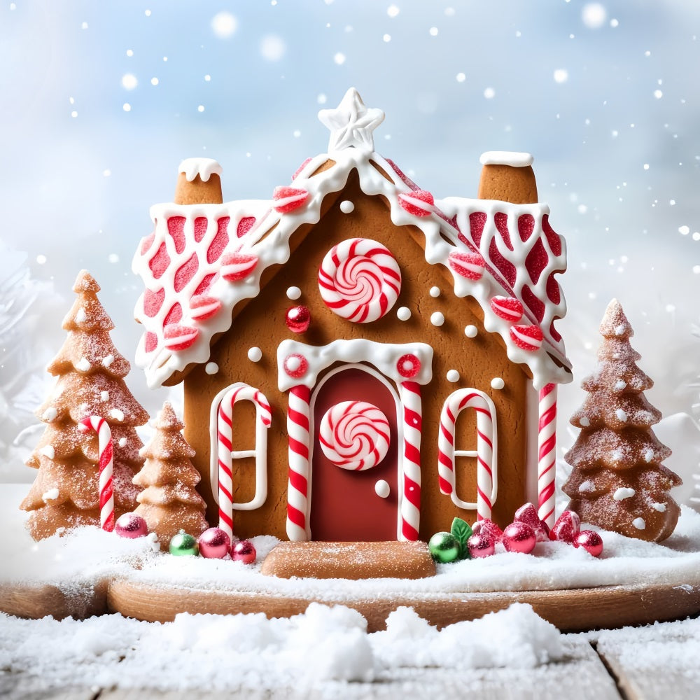 Lebkuchenhaus-Fotohintergrund Schnee-Bonbons Pfefferminz Weihnachts-Fotohintergrundideen LXX59-178