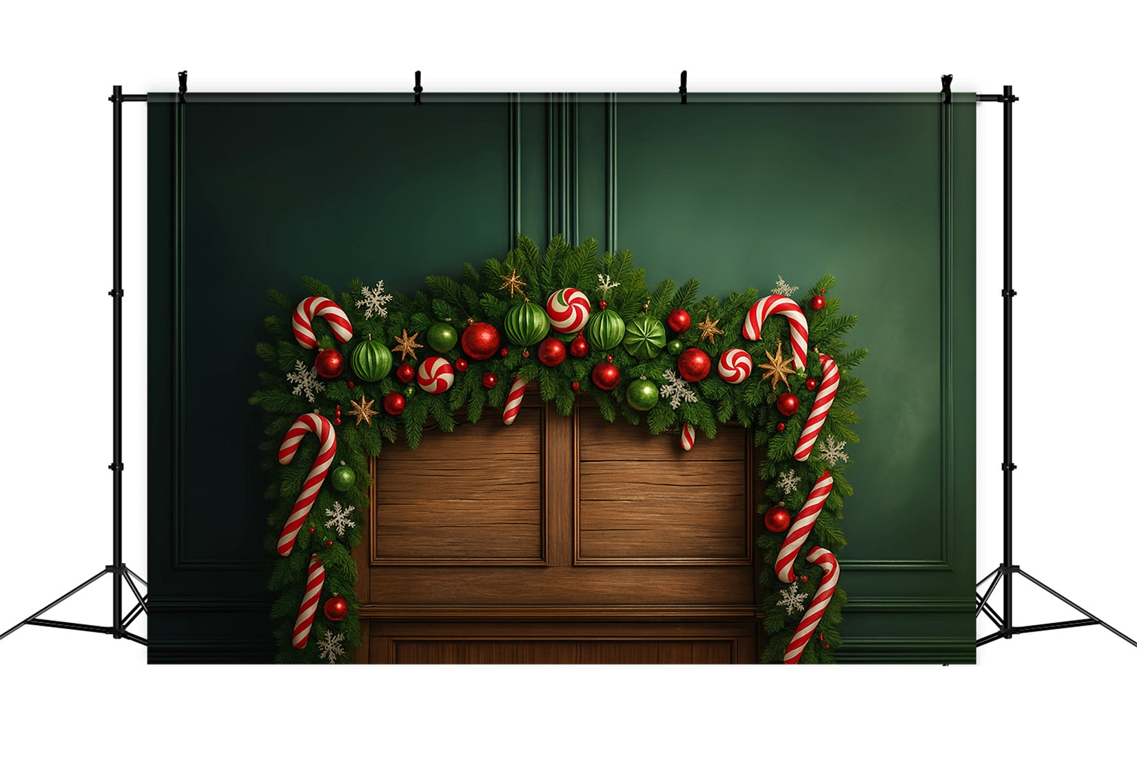 Kopfteil-Fotohintergrund Grüne Girlande Bonbon-Ornament Freude Weihnachtsfoto-Fotohintergrund LXX59-183