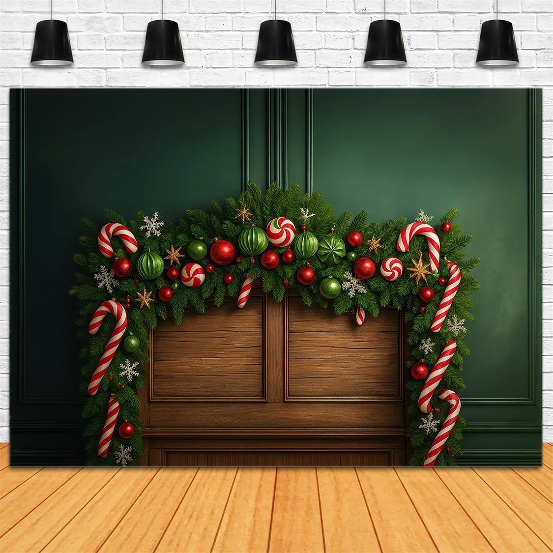 Kopfteil-Fotohintergrund Grüne Girlande Bonbon-Ornament Freude Weihnachtsfoto-Fotohintergrund LXX59-183