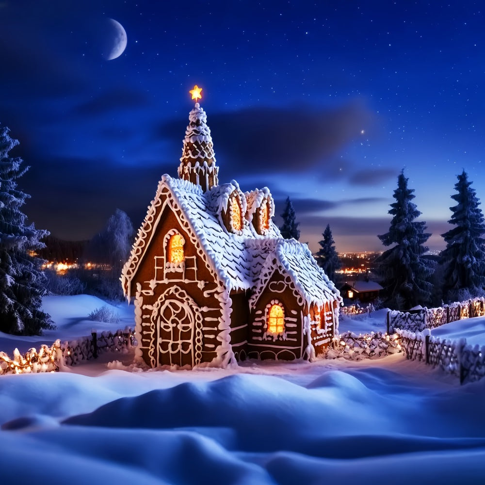 Weihnachts-Kirchenhintergrund Lebkuchenhaus Sternennacht Weihnachtshintergründe LXX59-186