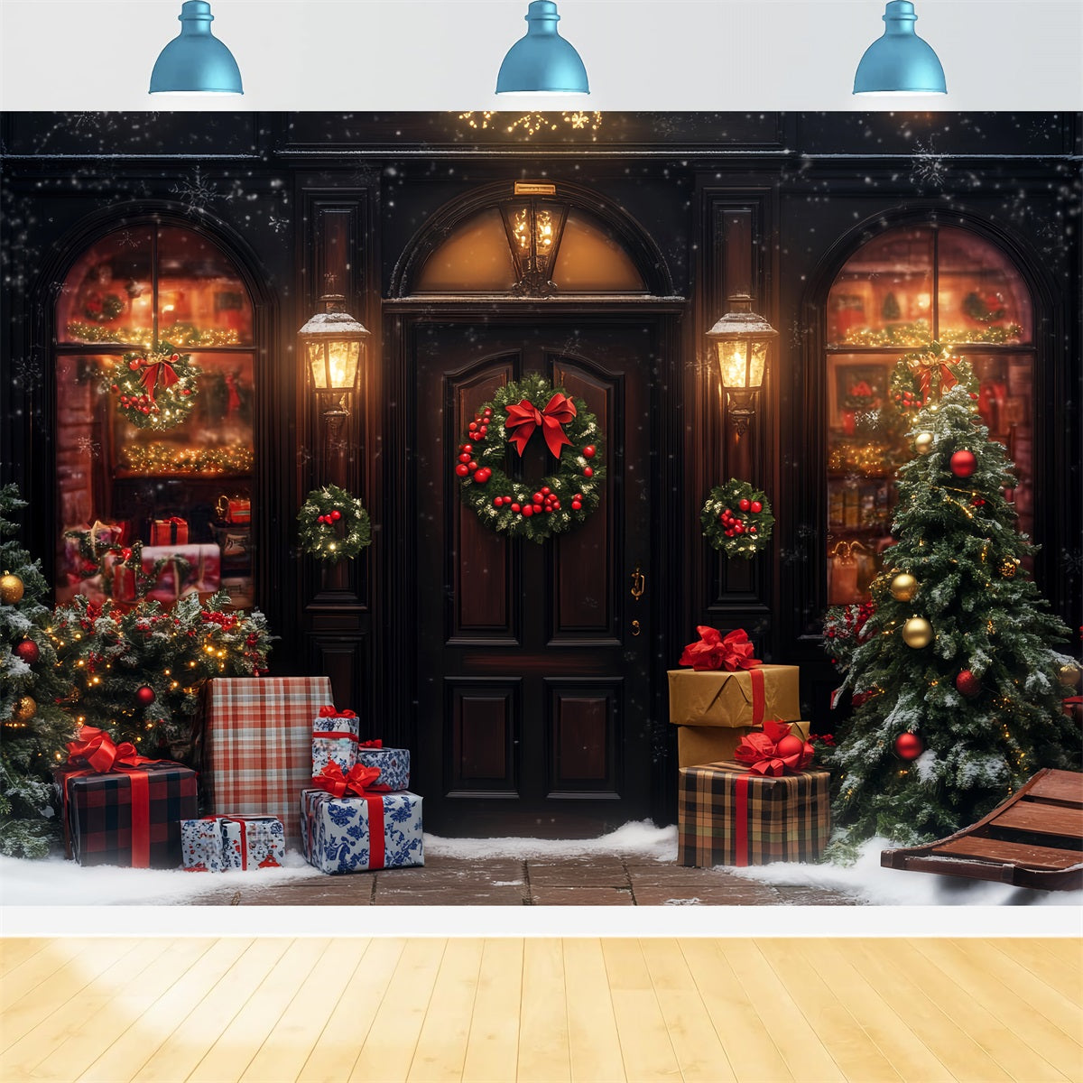 Weihnachtsdorf-Fotohintergrund Warme Lichter Verschneiter Eingang Weihnachtsfoto-Fotohintergrund LXX59-193
