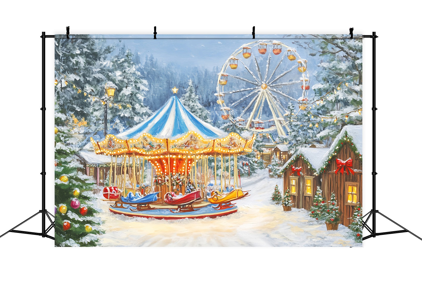 Weihnachtsdorf-Fotohintergrund Winterkarneval Karusselllichter Weihnachtsfoto-Fotohintergrund LXX59-194