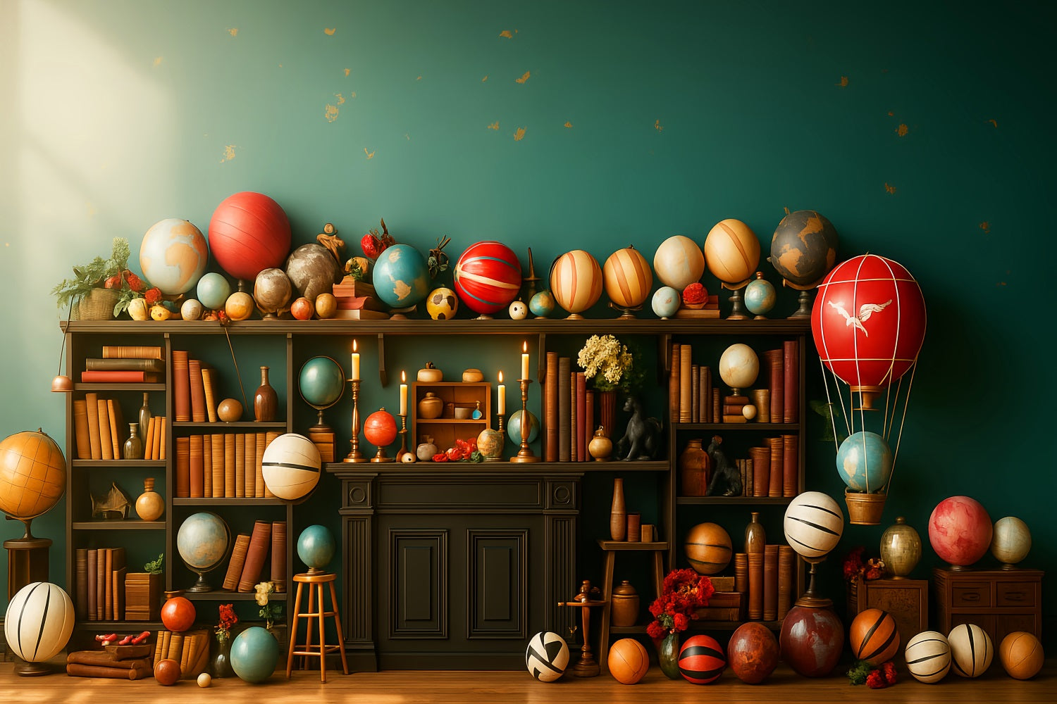 Zurück zur Schule-Fotohintergrund Verspielte Weltkugel Bücherregal-Display Schulfoto-Fotohintergrund LXX59-240