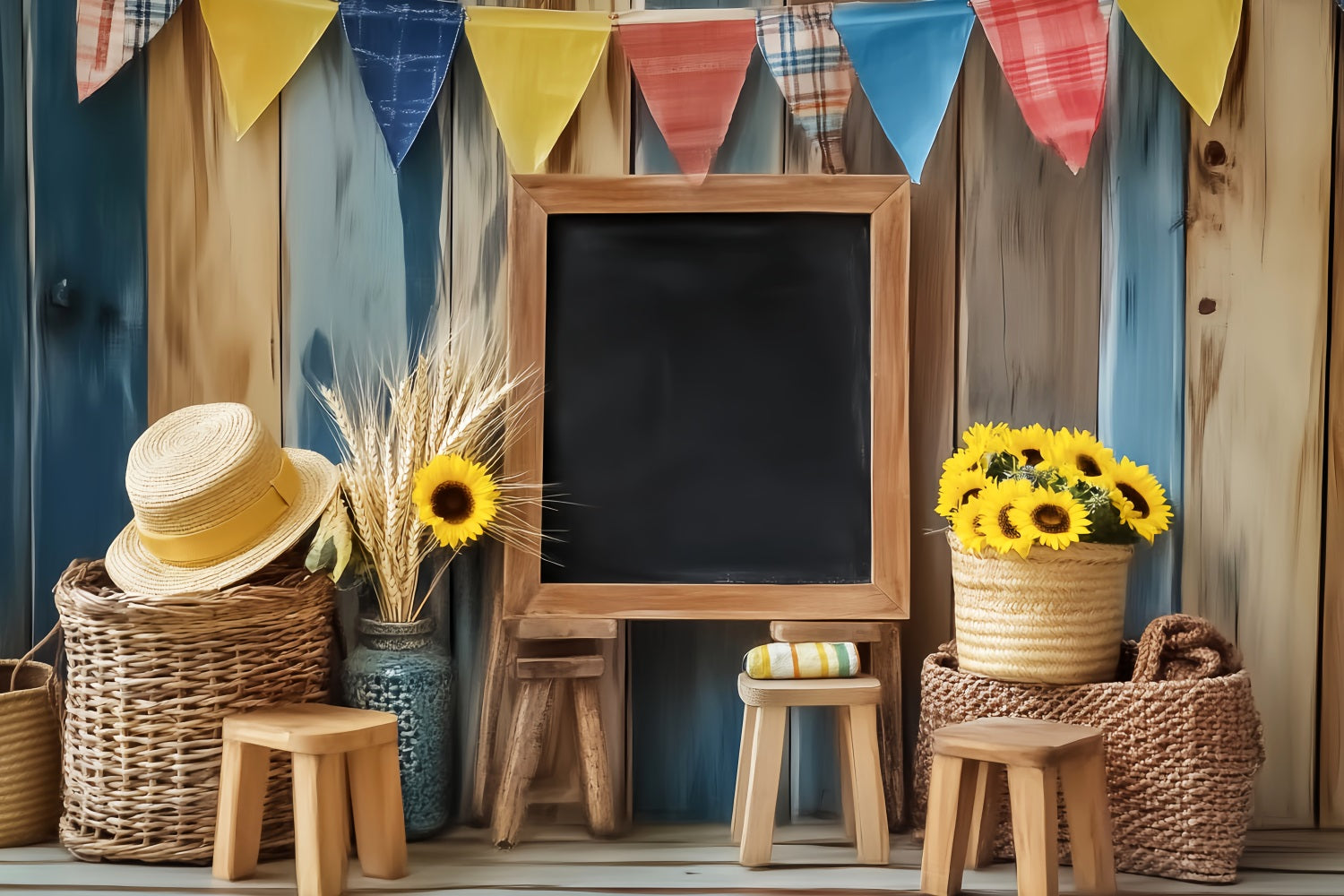 Fotohintergrund für den Schulanfang Rustikale Tafel Sonnenblumen-Dekoration Fotohintergrund für Schulfotos LXX59-246