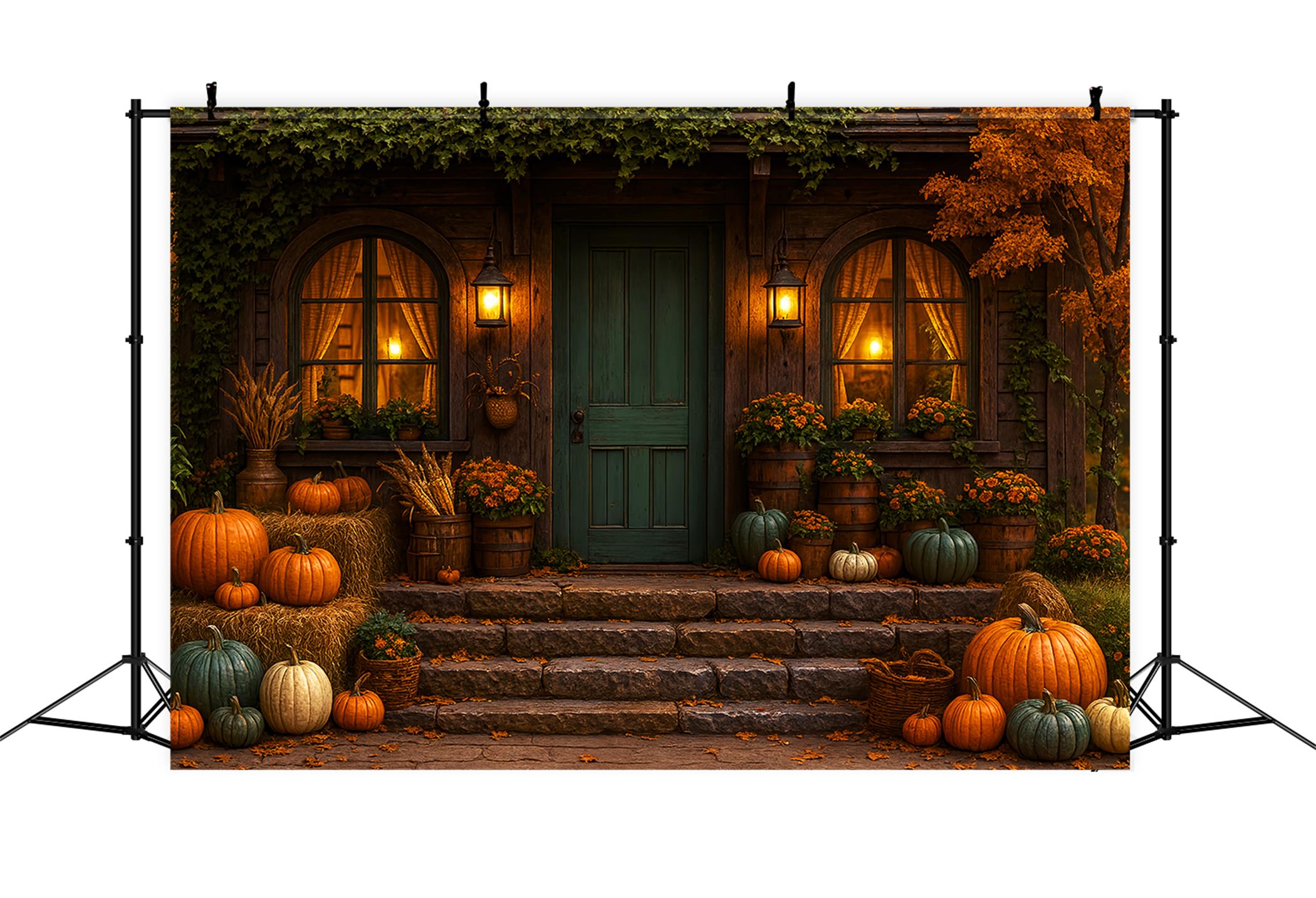 Rustikaler Fotohintergrund Gemütliche Herbstveranda Kürbisse Herbstfotografie-Studiohintergründe LXX59-279