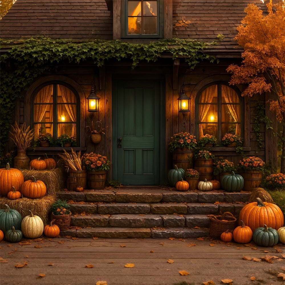 Rustikaler Fotohintergrund Gemütliche Herbstveranda Kürbisse Herbstfotografie-Studiohintergründe LXX59-279