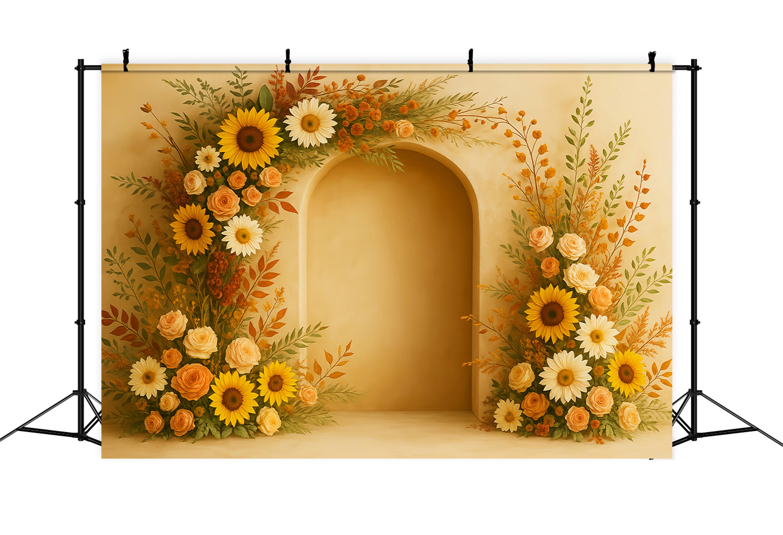 Boho-Fotohintergrund Sonnenblumenbogen Kürbisse Herbst-Fotografie-Studiohintergründe LXX59-294