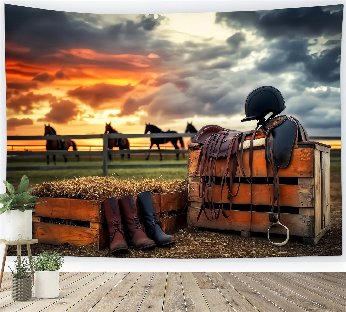 Sport-Fotohintergrund Reitsport Sonnenuntergang Reitausrüstung Sport-Studiohintergründe LXX59-312