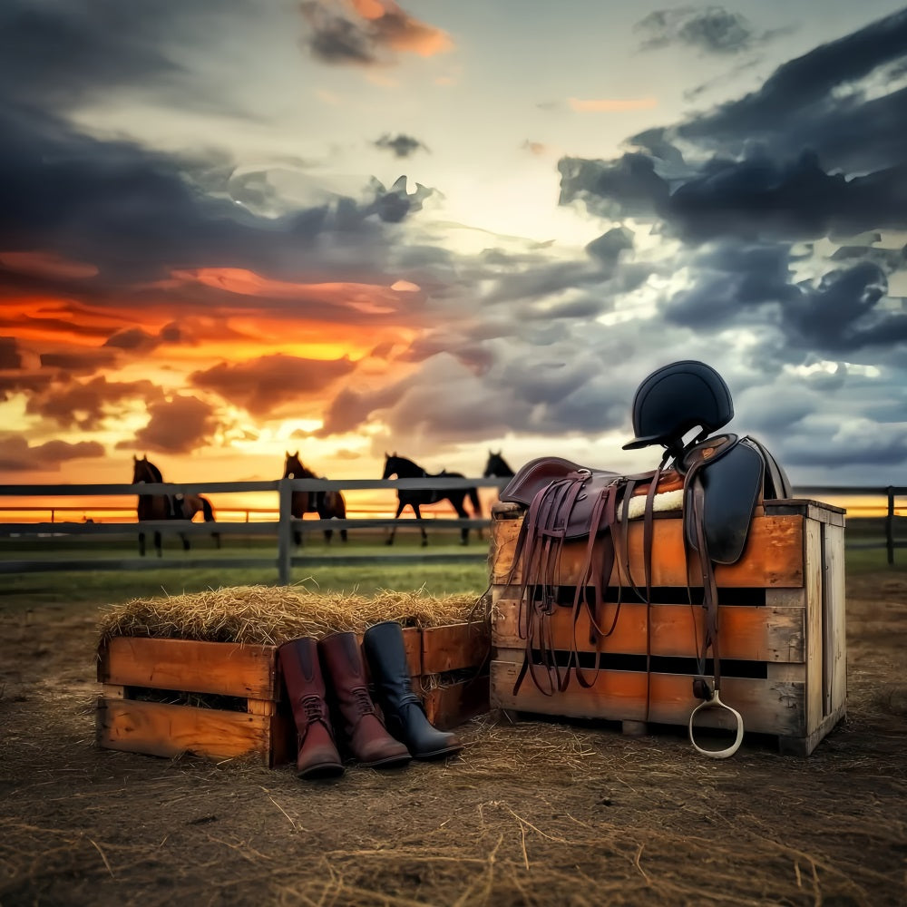 Sport-Fotohintergrund Reitsport Sonnenuntergang Reitausrüstung Sport-Studiohintergründe LXX59-312