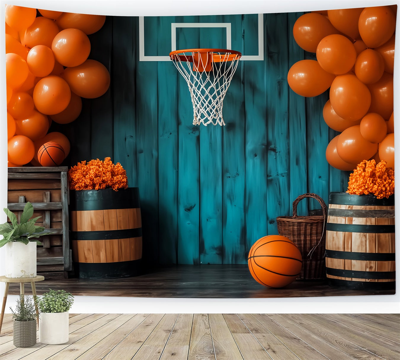 Sport-Fotohintergrund Rustikaler Basketballkorb Ballons Basketball-Fotohintergrund LXX59-313