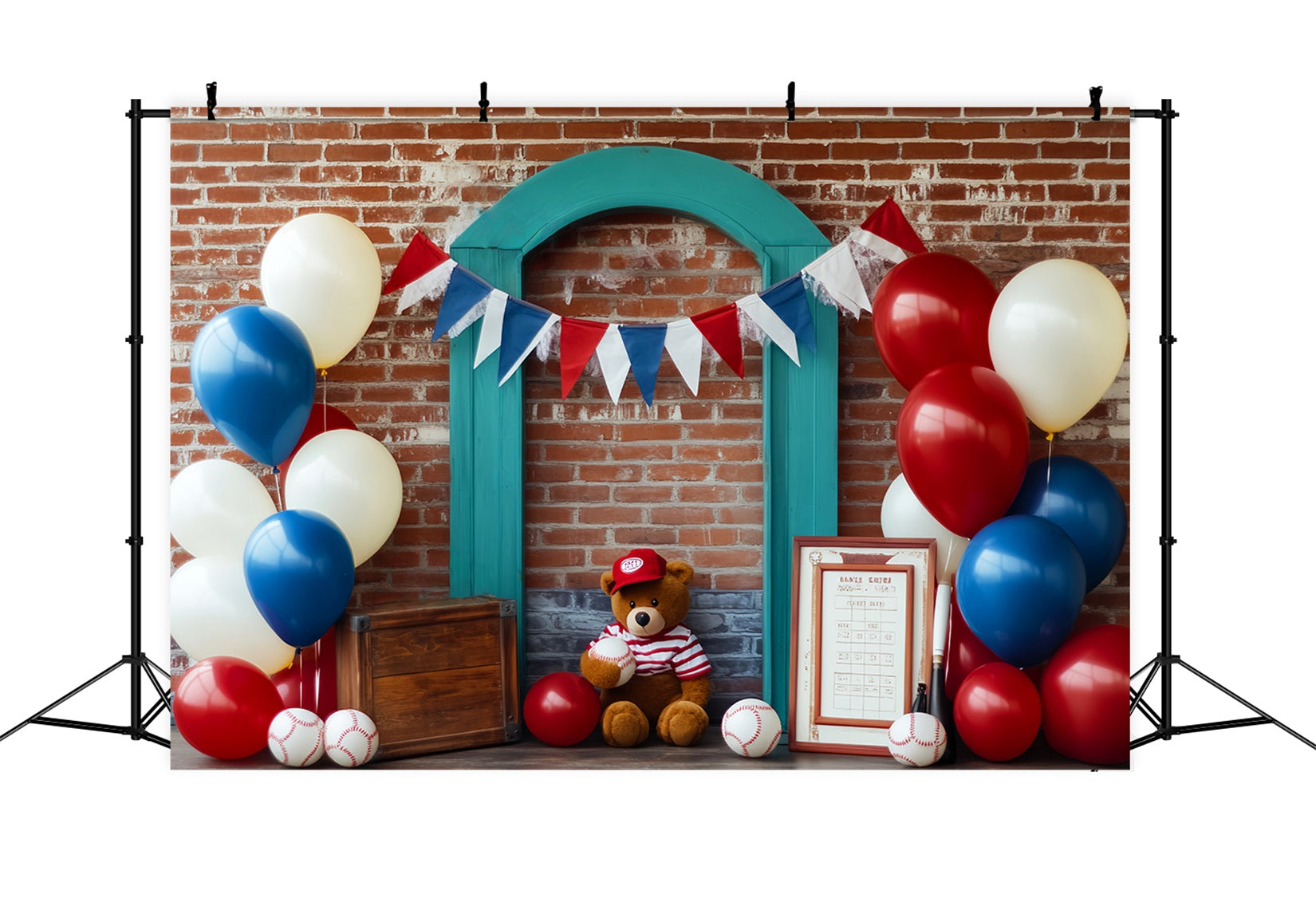 Basketball-Fotohintergrund Patriotischer Baseball Teddybär-Display Sport-Fotohintergrund LXX59-314
