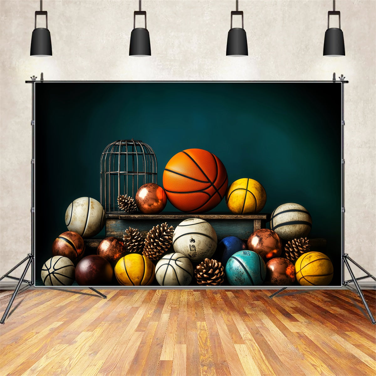 Sport-Fotohintergrund Basketball-Variation Tannenzapfen-Display Basketball-Studiohintergründe LXX59-316