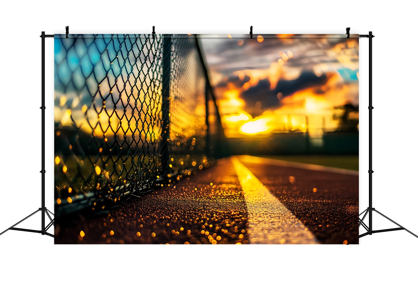 Sport-Fotohintergrund Sonnenuntergang, Tennisplatz, Kettenzaun Sport-Studiohintergründe für die Fotografie LXX59-320