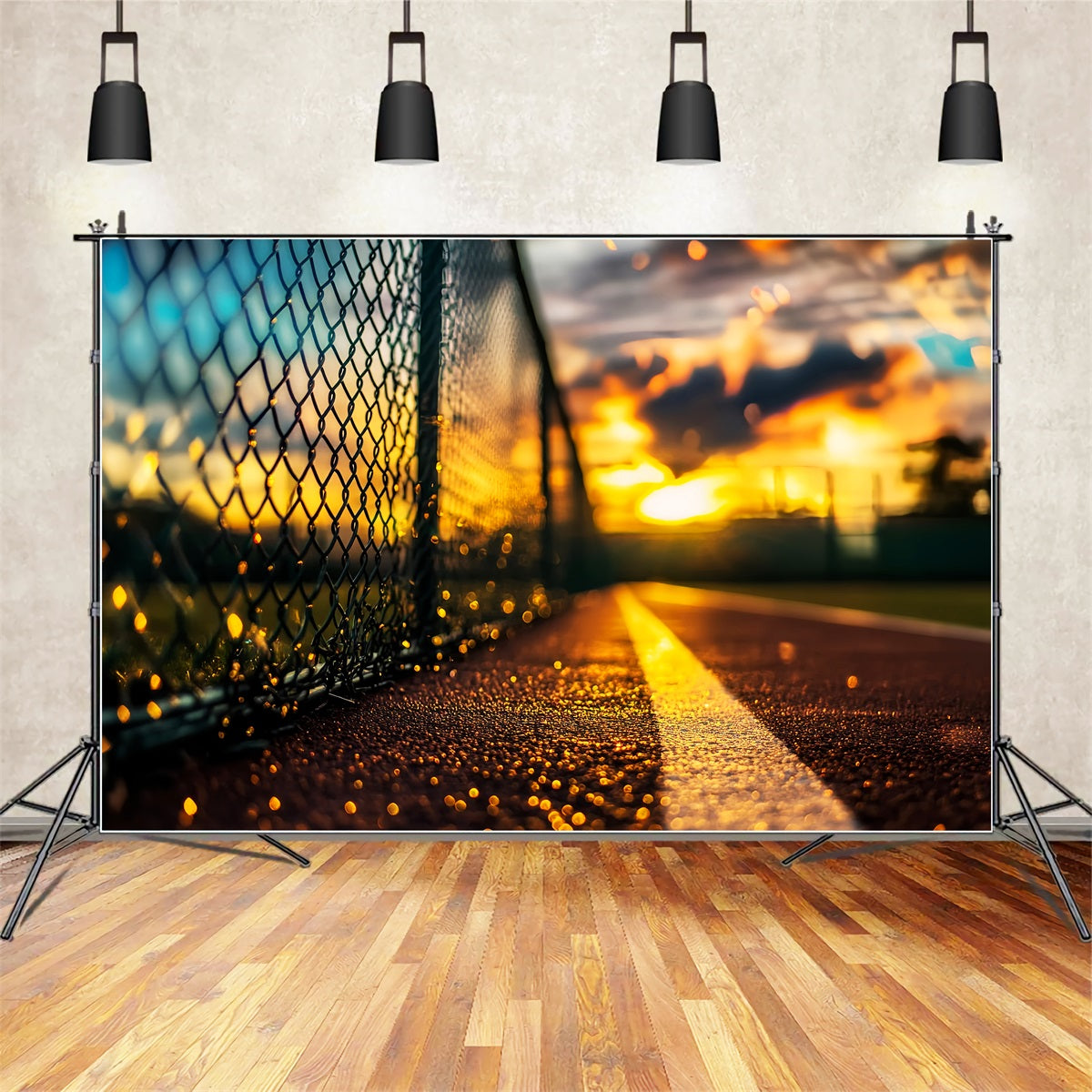 Sport-Fotohintergrund Sonnenuntergang, Tennisplatz, Kettenzaun Sport-Studiohintergründe für die Fotografie LXX59-320