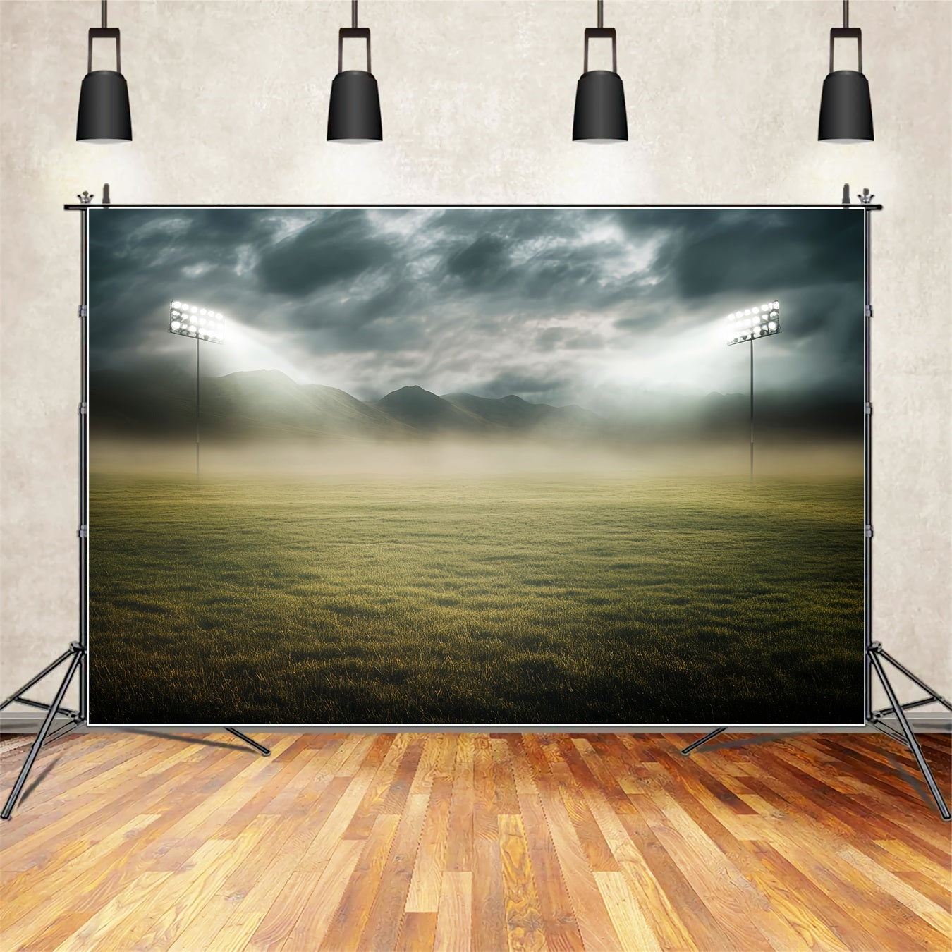 Sport-Fotohintergrund Flutlicht-Nebel-Stadionfeld Fußballstadion-Fotohintergrund LXX59-324