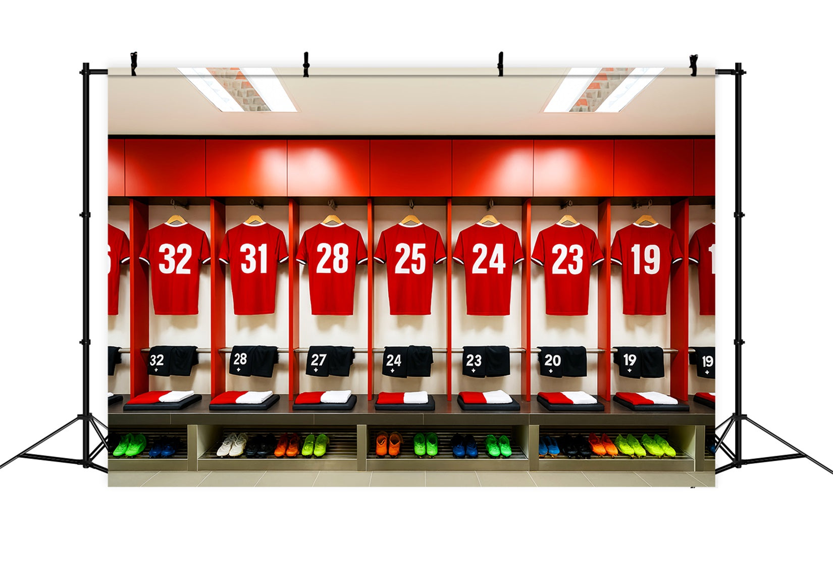 Fußball-Studiohintergründe Rote Trikots Umkleideraum-Reihe Sport-Studiohintergründe LXX59-325