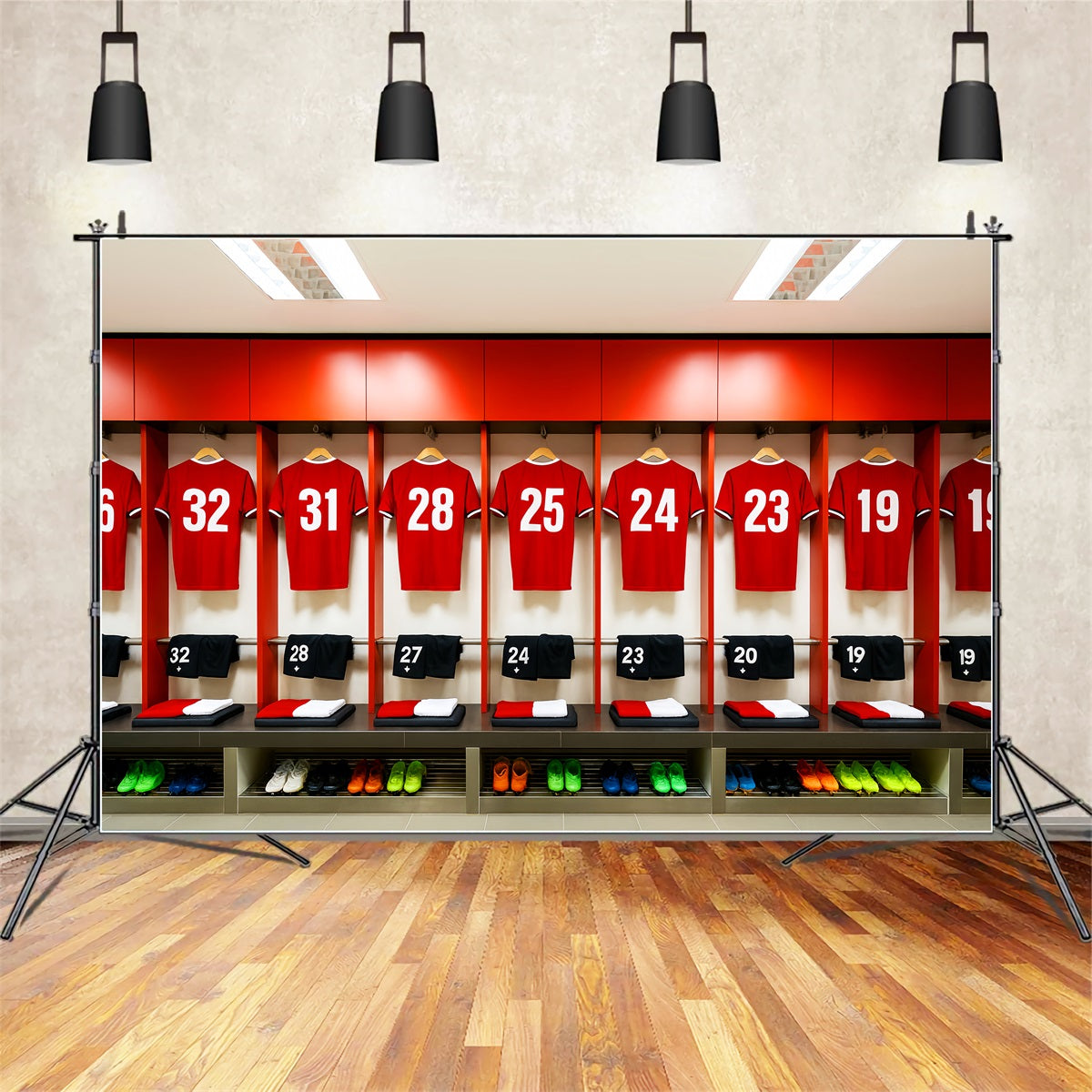 Fußball-Studiohintergründe Rote Trikots Umkleideraum-Reihe Sport-Studiohintergründe LXX59-325
