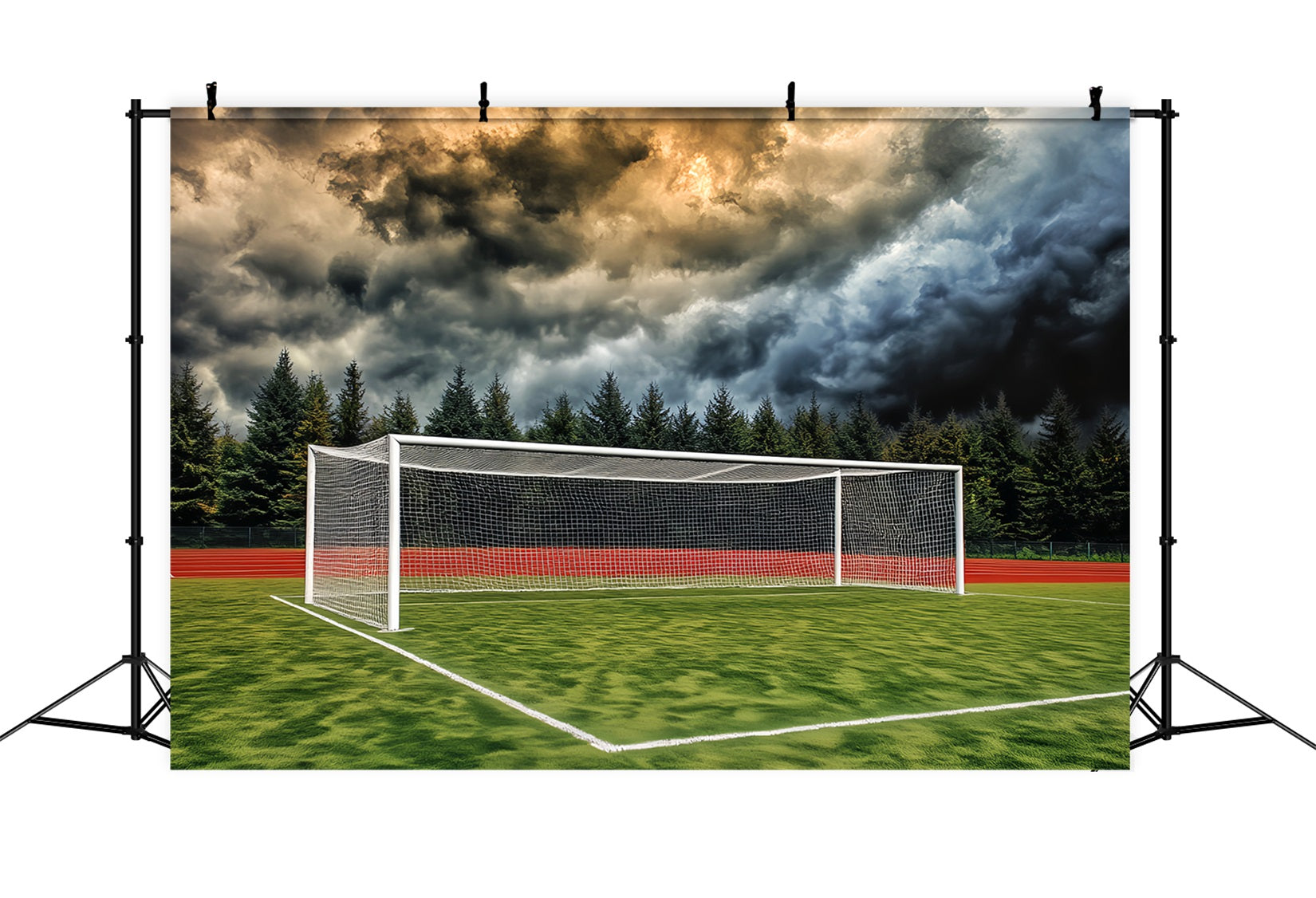 Fußball-Studiohintergründe Stürmischer Himmel Fußballtor Fußballfeld-Fotohintergrund LXX59-332