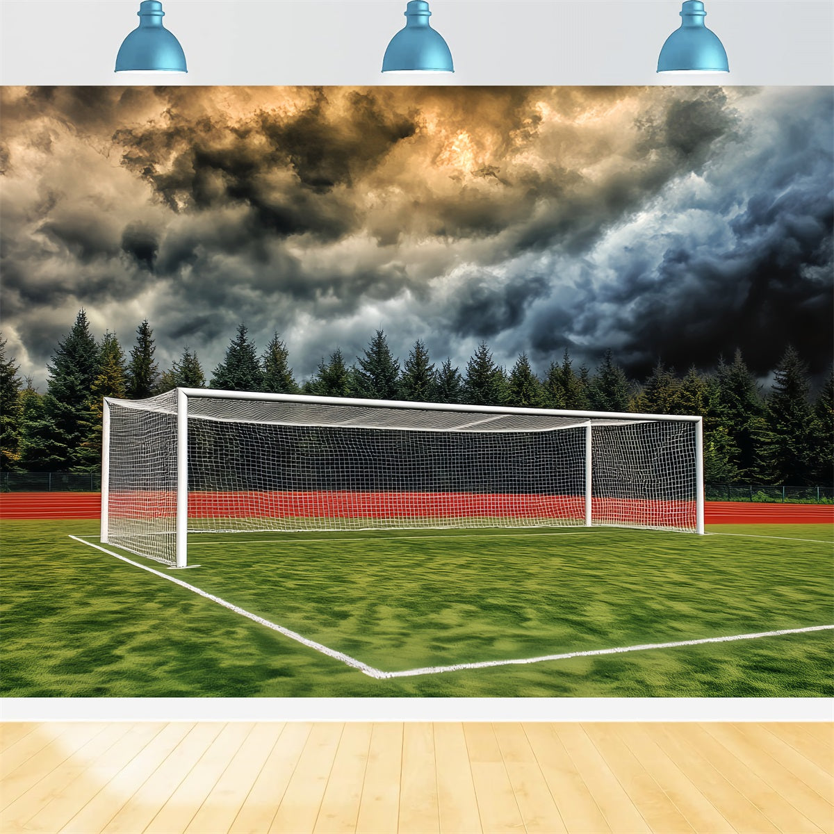 Fußball-Studiohintergründe Stürmischer Himmel Fußballtor Fußballfeld-Fotohintergrund LXX59-332