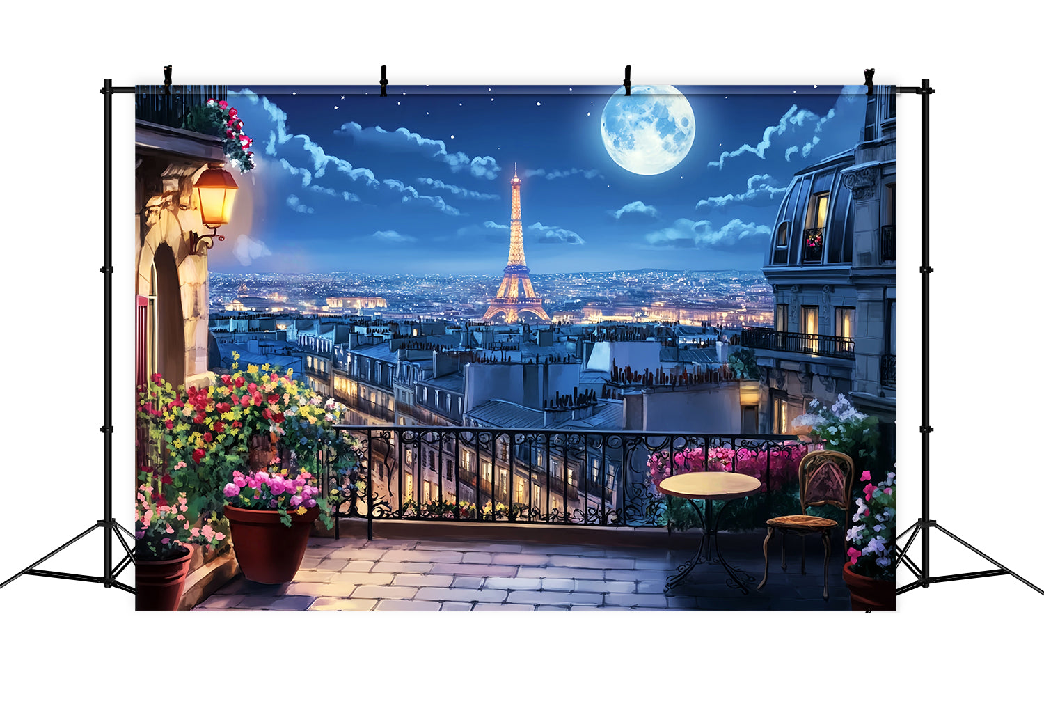Fotohintergrund „Nacht in Paris“ Balkon Mondlicht Eiffelturm Fotohintergrund Paris LXX59-59