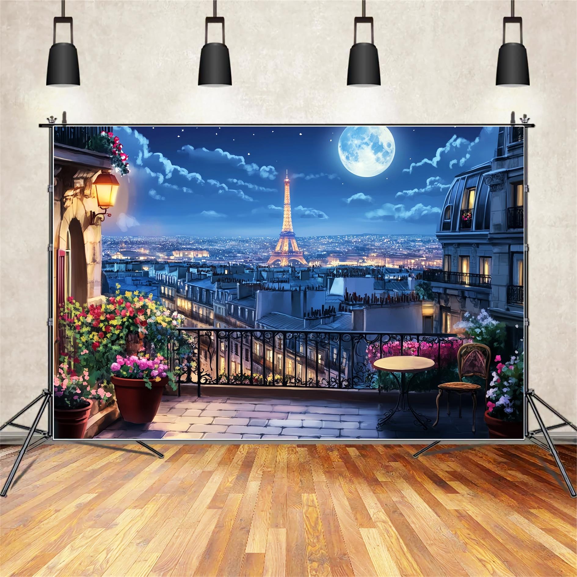 Fotohintergrund „Nacht in Paris“ Balkon Mondlicht Eiffelturm Fotohintergrund Paris LXX59-59