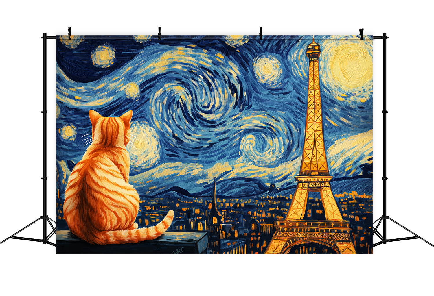 Paris-Fotohintergrund Sternennacht Katze mit Blick auf den Eiffelturm Paris-Fotohintergrund LXX59-61