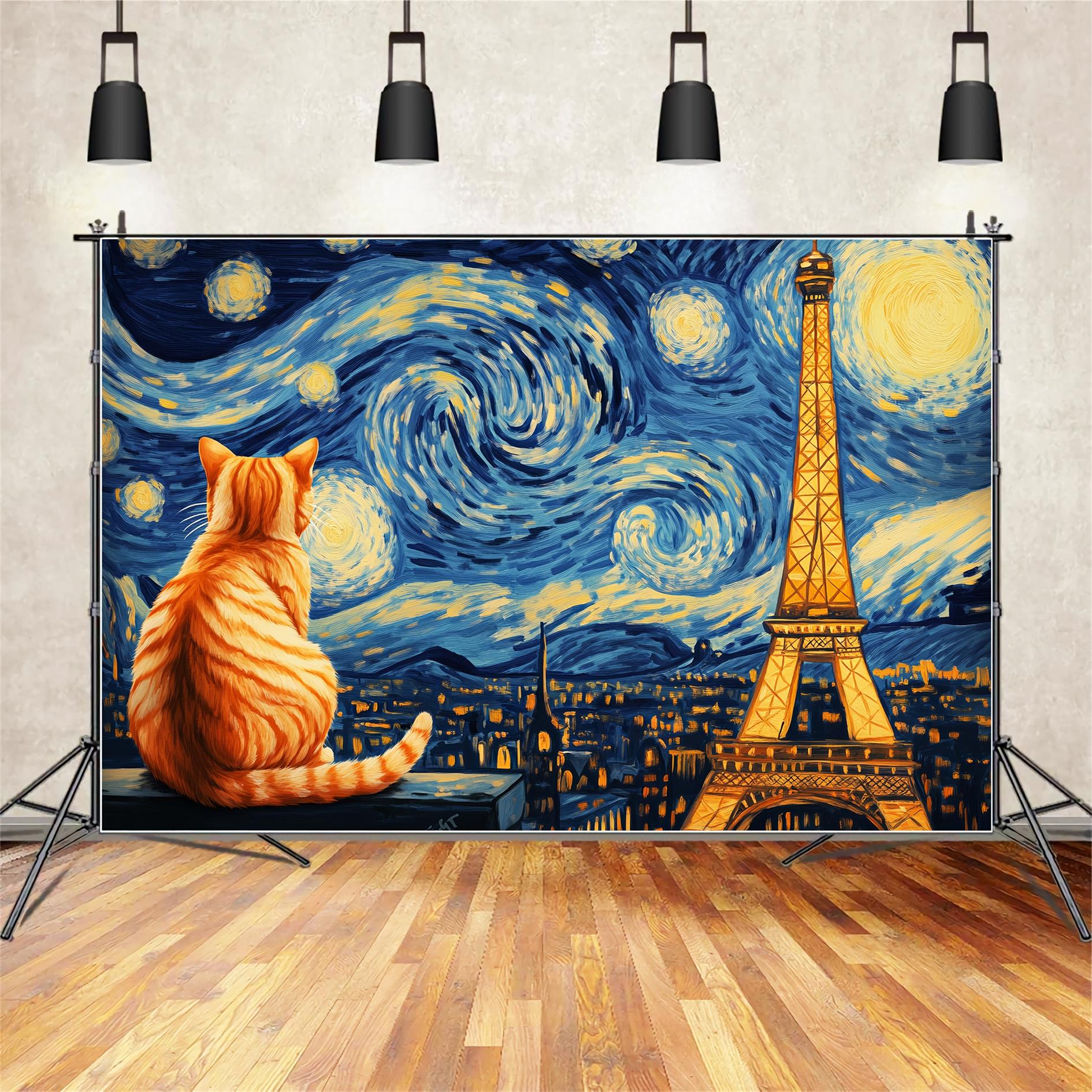Paris-Fotohintergrund Sternennacht Katze mit Blick auf den Eiffelturm Paris-Fotohintergrund LXX59-61