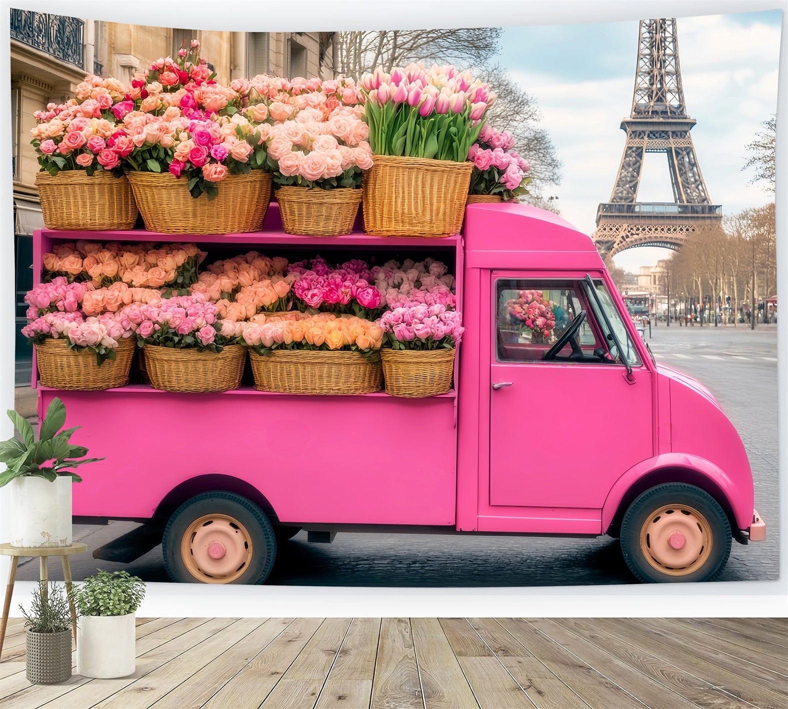 Paris-Kulissen Rosa Blumenwagen Eiffelturm Paris-Kulisse LXX59-73