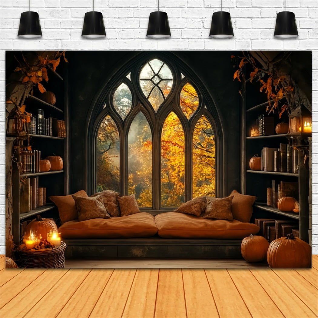 Halloween Fotohintergrund Gemütliches Kürbisfenster Bibliothek Halloween-Fotohintergrund LXX59-80