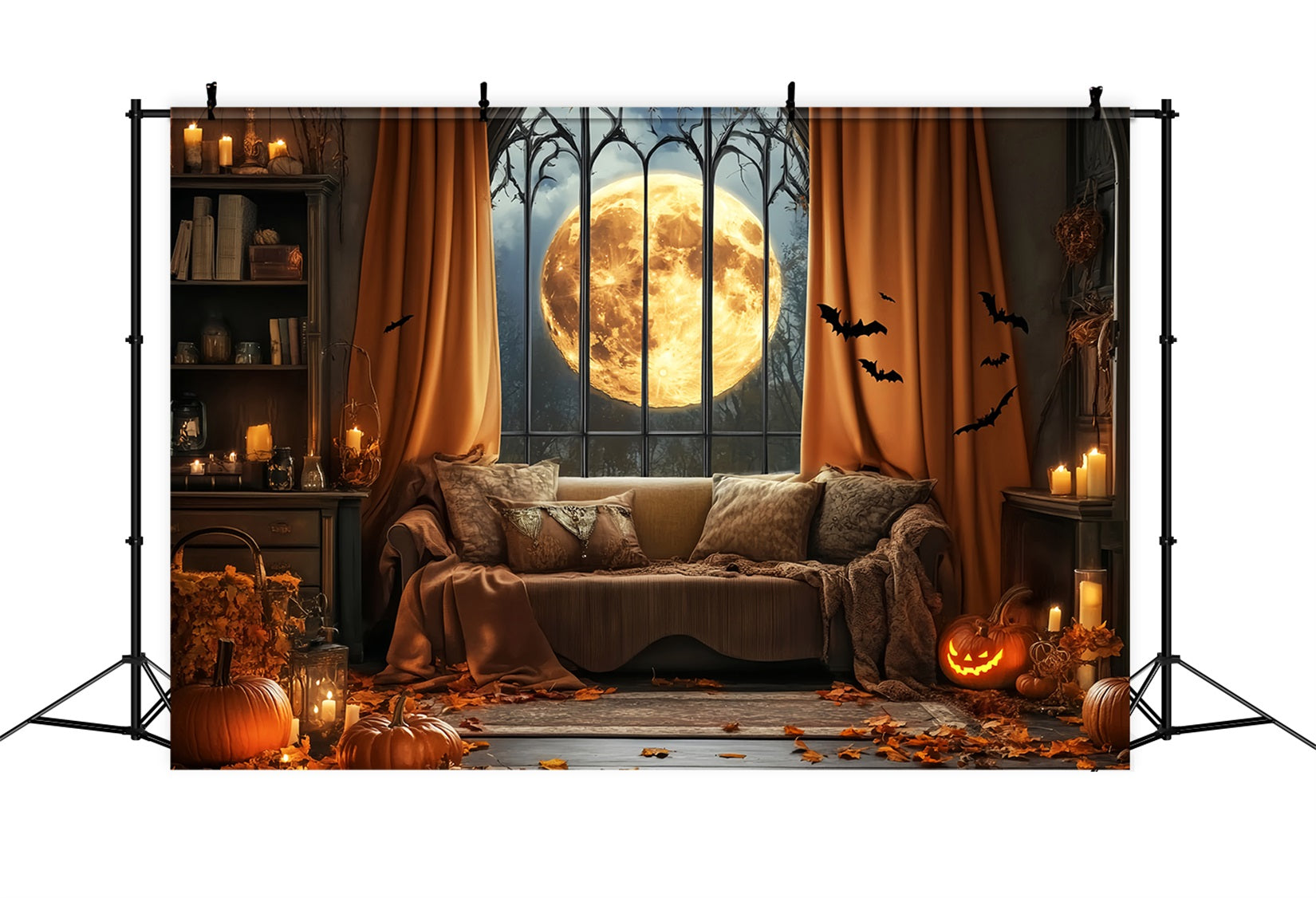 Halloween Fledermaus Fotohintergrund Vollmond Gotisches Fenster Fledermäuse Halloween Fotohintergrundideen LXX59-82