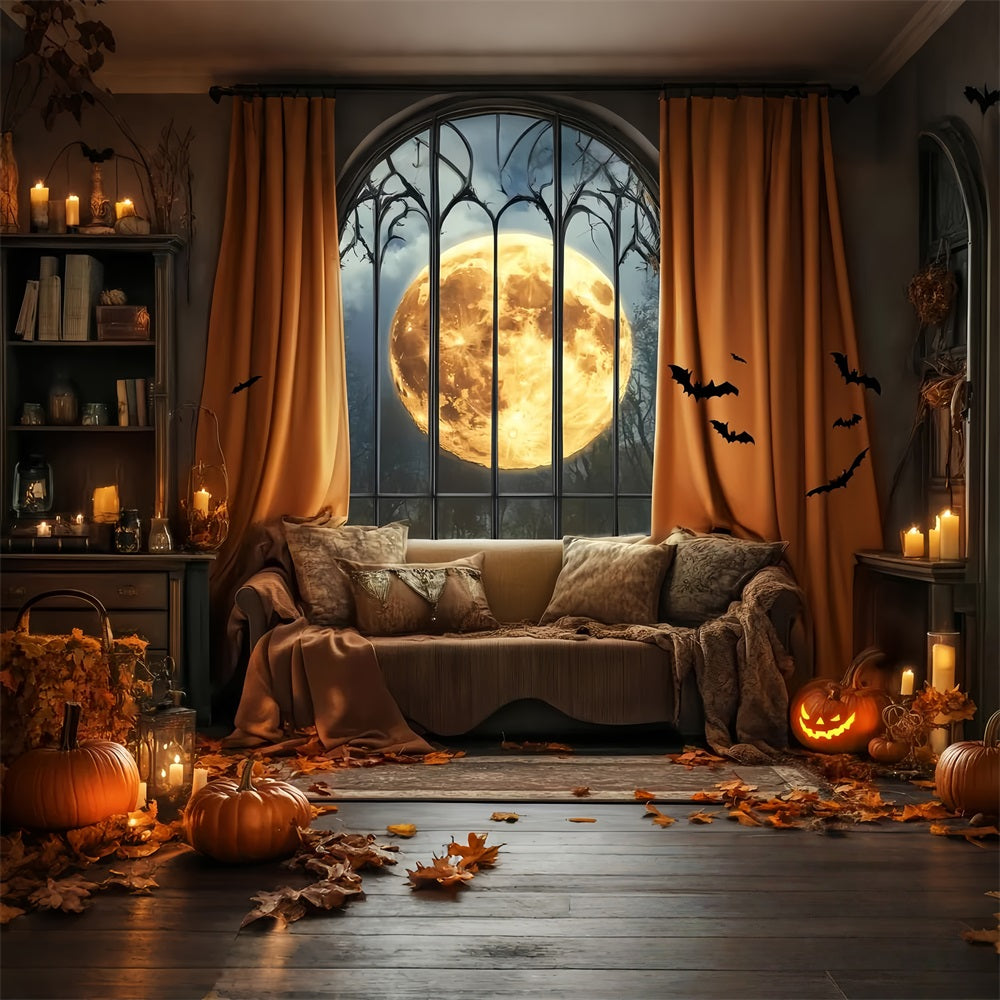 Halloween Fledermaus Fotohintergrund Vollmond Gotisches Fenster Fledermäuse Halloween Fotohintergrundideen LXX59-82
