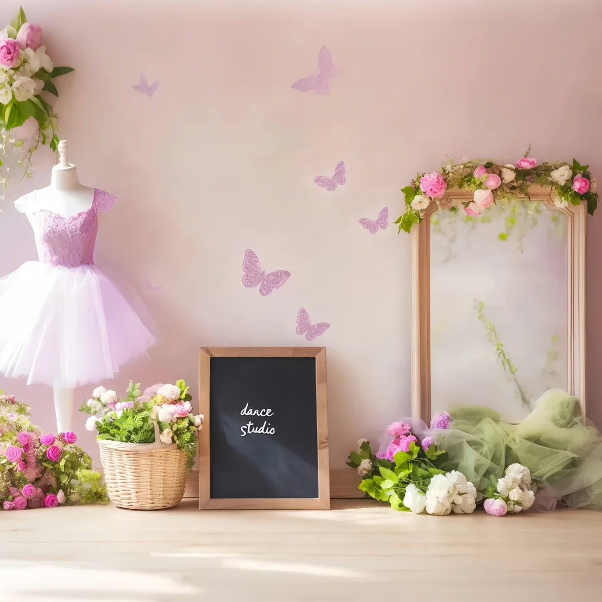 Tanzstudio-Fotohintergrund Lila Tutu Spiegel Schmetterlinge Schul-Tanzfotohintergrund LXX59-9