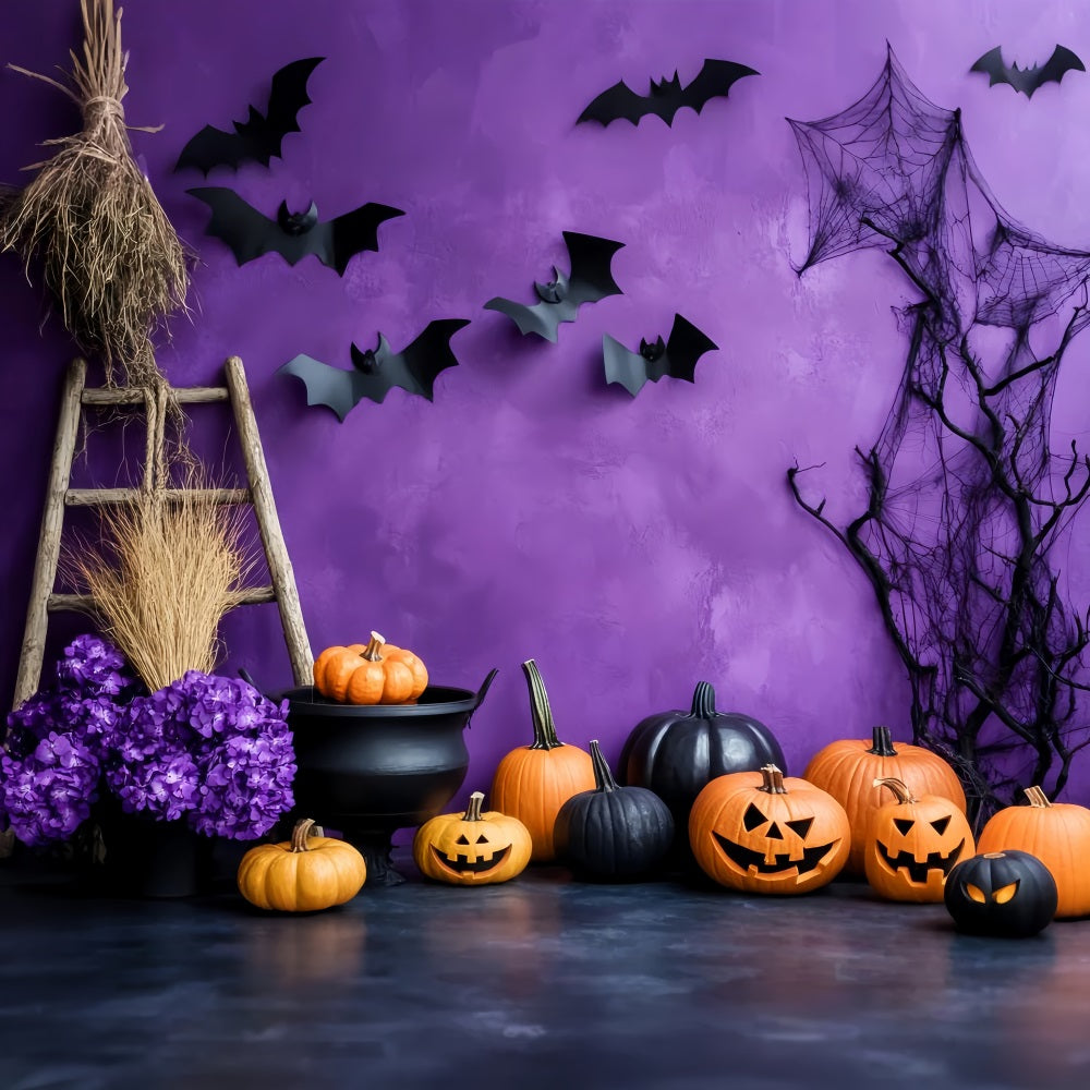 Farbiger Fotohintergrund Lila Wand Kürbis Kessel Halloween-Fotohintergründe LXX59-91