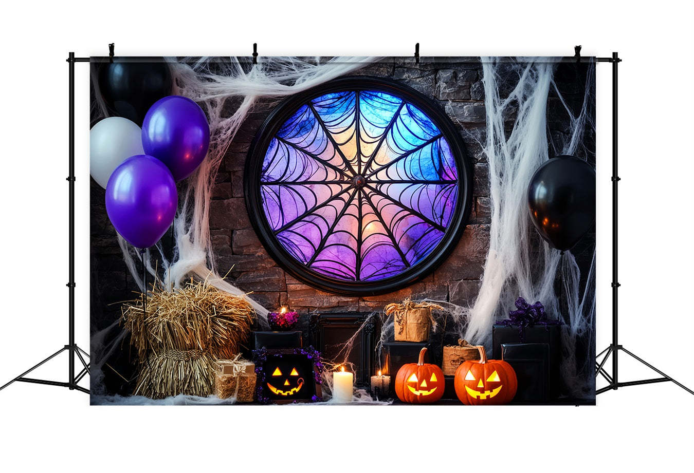 Fledermaus Fotohintergrund Spinnennetz Buntglasfenster Halloween-FotokabinenFotohintergrund LXX59-92