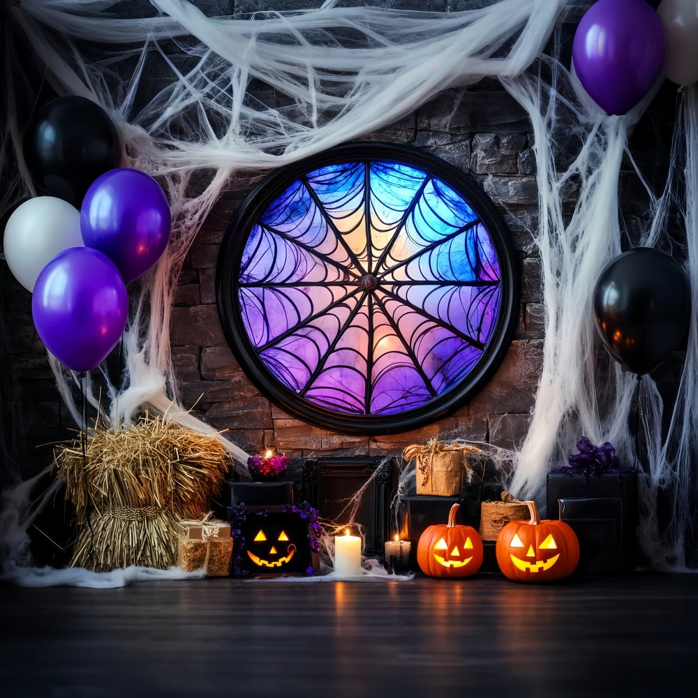 Fledermaus Fotohintergrund Spinnennetz Buntglasfenster Halloween-FotokabinenFotohintergrund LXX59-92